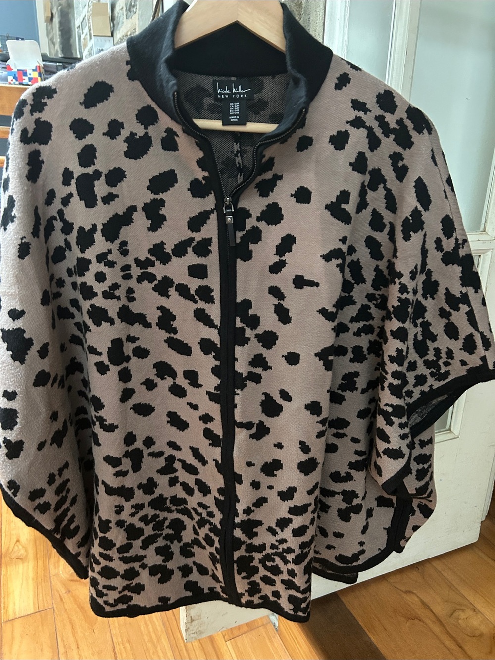 Nicole Miller Taupe and Black Leopard Zip Poncho Sweater